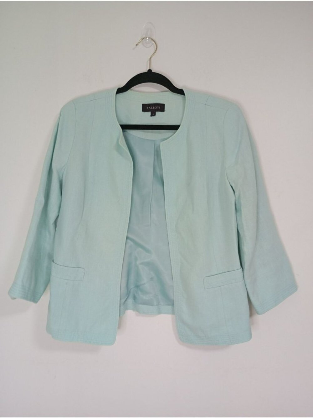 Talbots Womens Light Mint Green Open-Front 100% Linen Blazer Size 6 Classic Fit